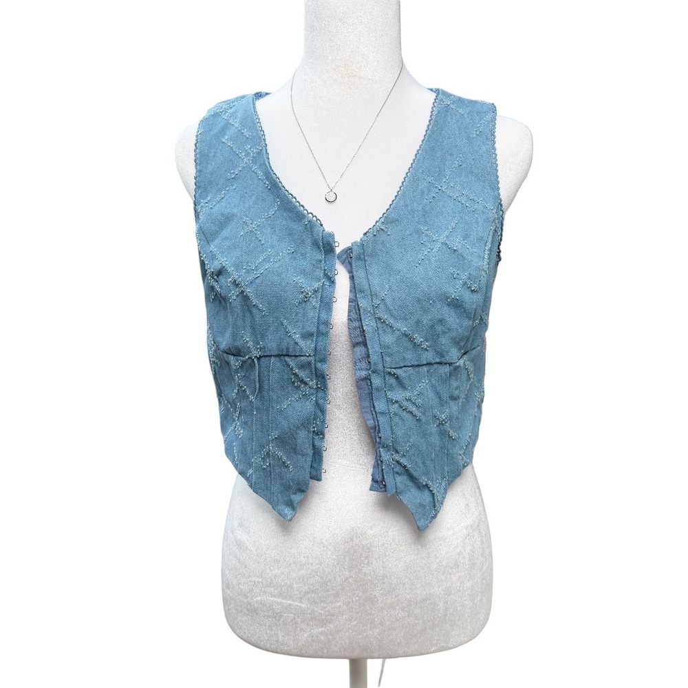 Kirious‎ Cotton Denim Corset Vest Blue Distressed Lace Trim Medium Boho Festival - Picture 4 of 12